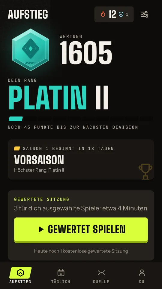 Mindtier-Startbildschirm: Platin II, Wertung 1605, mit der nächsten gewerteten Sitzung