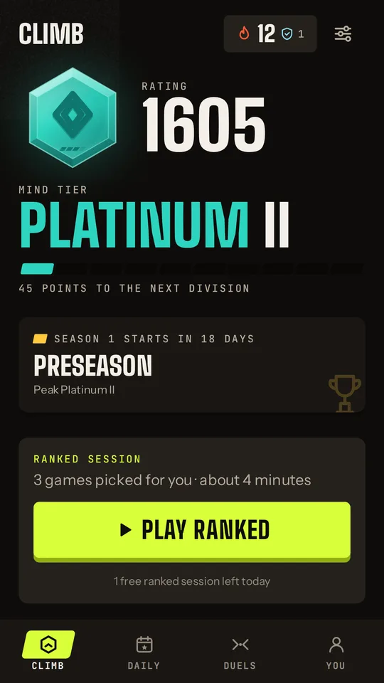 Mindtier home screen: Platinum II, rating 1605, with the next ranked session