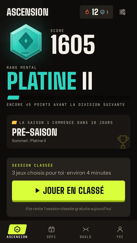 Écran d’accueil de Mindtier : Platine II, score 1605, avec la prochaine session classée