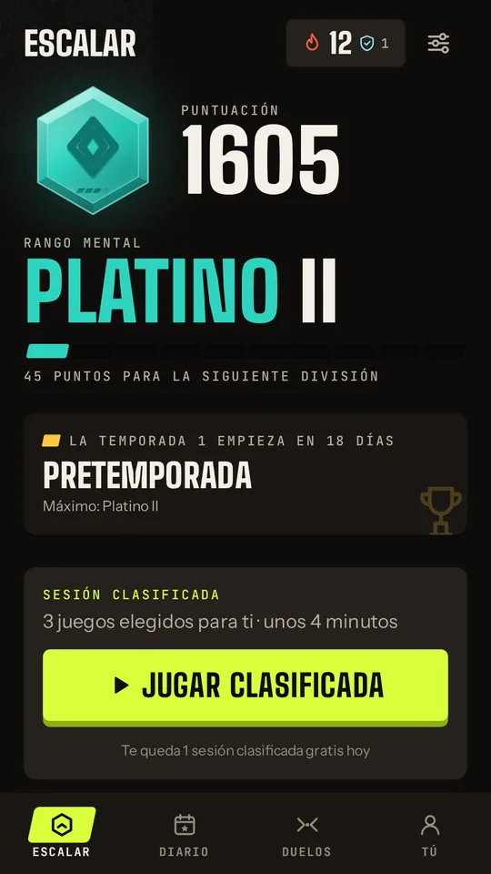 Pantalla de inicio de Mindtier: Platino II, puntuación 1605, con la próxima sesión clasificatoria