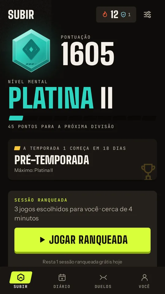Tela inicial do Mindtier: Platina II, pontuação 1605, com a próxima sessão ranqueada